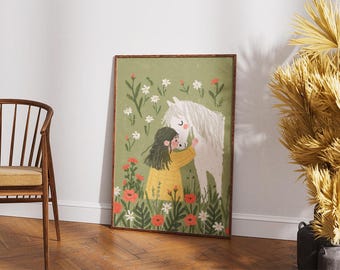 Horse Nursery Poster Girl And Pony Wall Art Cottagecore Kids Room Print Storybook Flora