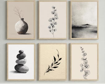 Japandi Art Prints Set: Botanical Line Art, Zen Stone, Beige Decor (Digital Bundle)