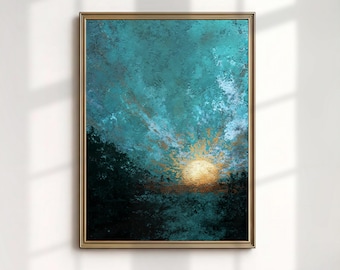 Teal and Gold Sun Art Print, Abstract Textured Sunrise Painting, Moody Nature Decor