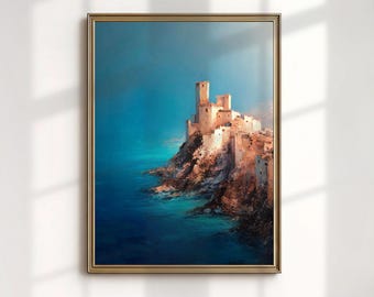 Castle on a Cliff Art Print, Dramatic Seascape Painting, Moody Ocean Decor
