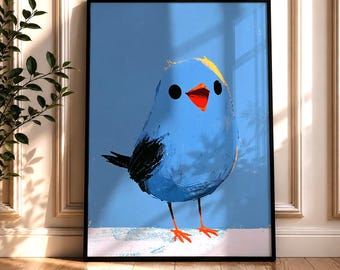 Lindo cuadro de pájaro azul para pared, póster minimalista de pájaro, obra de arte de pájaro para guardería, decoración de animales caprichosa, arte de pared para habitación infantil, lámina moderna de pájaro