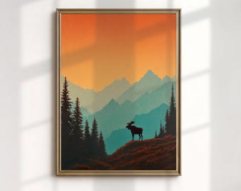 Lámina del Parque Nacional Grand Teton, arte de montaña con silueta de alce, decoración rústica de pared para cabaña.