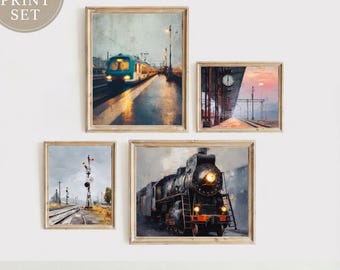 Conjunto de arte mural de tren, pintura al óleo, locomotora de ferrocarril, impresión digital, descarga