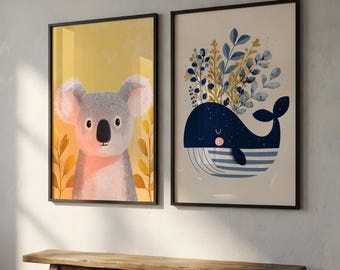 Cute Kids Whale and Koala Nursery Wall Art Print Set Whimsical Colorful Animal Playroom Bedroom Poster Decor Set of 2 Digital Download