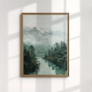 North Cascades Washington Art Print, Moody Misty River Painting, Pacific Northwest Decor