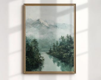 North Cascades Washington Art Print, Moody Misty River Painting, Pacific Northwest Decor