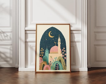 Whimsical Mosque Nursery Wall Art - Islamic Kids Room Decor - Pink Moon and Stars Print - Folk Art Mosque Poster - Digital Download