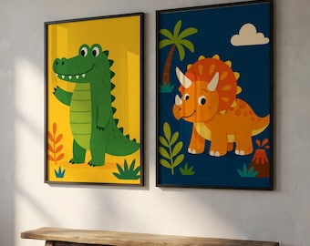 Cute Dinosaur Poster Set, Dinosaur Nursery Wall Art, Kids Room Decor, Playroom Prints, Baby Nursery Decor, Dinosaur Wall Art Set