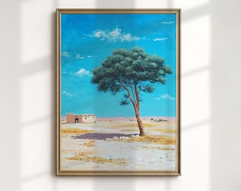 Sudanese Village Landscape Painting, Acacia Tree Art Print, Bright African Decor