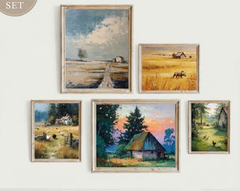 Vintage Farmhouse Landscape Print Set: Rustic Cottagecore Gallery (Digital Download)