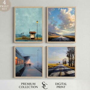 May include: A set of four framed art prints. Each print features a landscape scene: a bus stop, a road, a train station, and a country road. The prints have a muted color palette with a vintage aesthetic. The text "4 PRINT SET", "PREMIUM COLLECTION", and "DIGITAL PRINT" are visible.