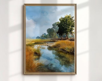 Countryside Stream Landscape Art Print, Blue and Gold Meadow (Digital Download)