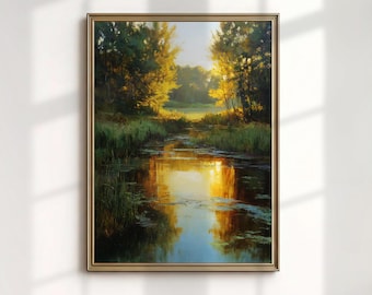 Paisajes del valle del Hudson, grabado del río en el norte del estado de Nueva York, pintura de bosque iluminado por el sol.