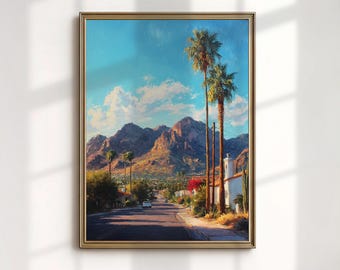 Stampa artistica di Tucson, Arizona, dipinto delle montagne di Santa Catalina, decorazione murale del deserto di Sonora