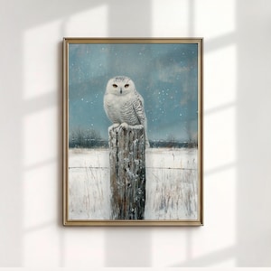 Snowy Owl Art Print, White Bird Painting, Winter Fence Post Wall Decor, Digital Download