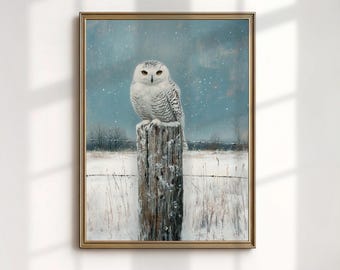 Snowy Owl Art Print, White Bird Painting, Winter Fence Post Wall Decor, Digital Download
