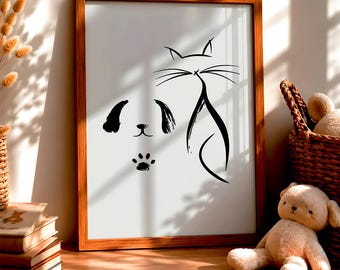 Dog and Cat Wall Art Print, Minimalist Pet Poster, Black White Animal Artwork, Nursery Decor, Scandinavian Kids Room Wall Art