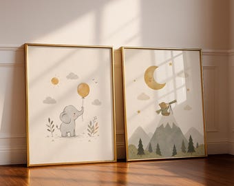 Juego de 2 láminas decorativas neutras para la habitación del bebé, con estampados de osito de peluche, luna y elefante bebé, decoración de bosque para la habitación del bebé, láminas imprimibles para la habitación del bebé.