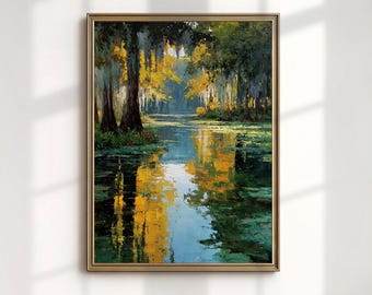 Louisiana Bayou Wall Art Caddo Lake Print Spanish Moss Cypress Swamp Painting Digital Download
