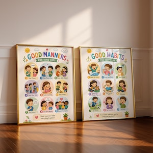 May include: Two framed educational posters with gold borders. The left poster titled Good Manners for Kind Kids features nine illustrated circles showing children practicing polite behaviors. The right poster titled Good Habits for Happy Life displays nine circles with children performing daily routines.