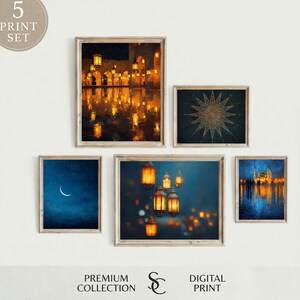 May include: A set of five framed art prints. The prints feature various scenes, including a crescent moon, a starburst design, and illuminated lanterns. The color palette includes blues, golds, and oranges. The text "5 PRINT SET", "PREMIUM COLLECTION", and "DIGITAL PRINT" are visible.