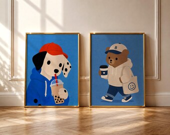 Cute Dog and Bear Wall Art Set of 2, Kawaii Animal Prints, Coffee and Bubble Tea Wall Decor, Cute Nursery Artwork, Kids Room Decor