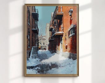 Lámina artística de Montreal, Quebec, pintura de una calle nevada de la ciudad, decoración de pared invernal vintage.