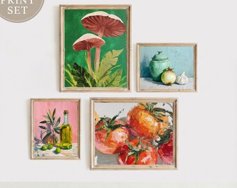 Colorful Kitchen Print Set, Food Oil Painting, Maximalist Dining Room (Digital Set of 4)