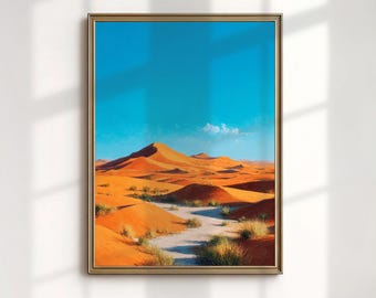 Sahara Desert Oil Painting, Minimalist Orange Dune Art Print, Blue Sky Landscape Wall Decor