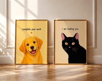 Juego de 2 divertidos pósteres de animales para el aula, decoración de aula con perros y gatos, arte mural escolar motivacional, pósteres imprimibles para profesores.