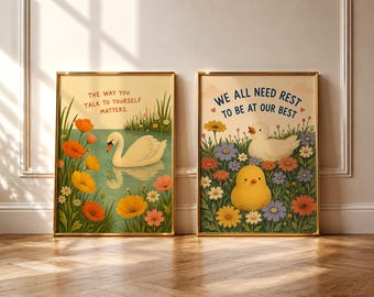 Juego de 2 láminas decorativas inspiradoras para la habitación infantil, con mensajes positivos, diseño de cisne y pato, arte imprimible para la habitación de los niños y pósteres para la habitación infantil.