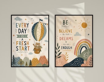 Juego de 2 láminas decorativas infantiles inspiradoras para la pared: "Sé tú mismo, cree en tus sueños" (lámina), "Cada día es un nuevo comienzo" (póster), decoración para la habitación del bebé.