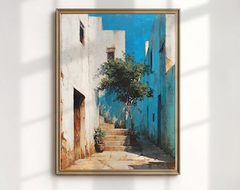 Chefchaouen Morocco Art Print, Blue City Medina Painting, Large Canvas Wall Art
