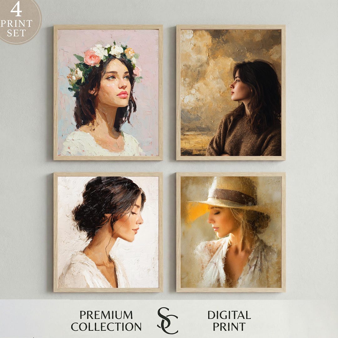 Woman Portrait Wall Art Set Oil Painting Vintage Style Digital Download ...