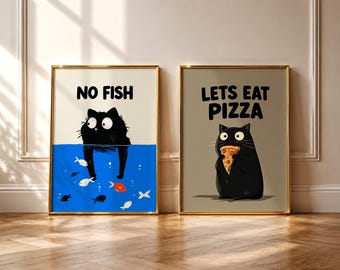 Humorous Black Cat Wall Art, No Fish Pizza Bundle, Cat Lover Gift, Digital Download, Playful Pet Decor