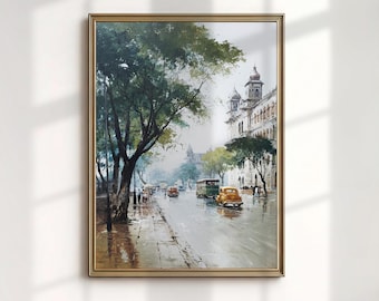 Kolkata India Print: Vintage Street Oil Painting (Digital Download)