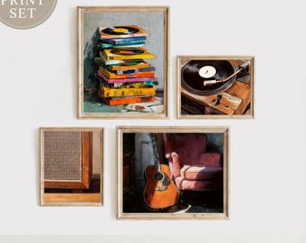 Retro Music Room Art Print Set: Vinyl, Turntable, Guitar (Digital Bundle)
