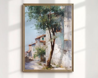 Impressão artística de uma aldeia do Norte da África, pintura de rua tunisiana, decoração de parede da Medina Branca.