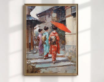 Geisha Kimono Art Print, Red Japanese Umbrella Painting, Stone Village Street Wall Decor