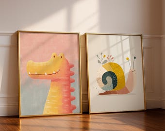 Playful Kids Crocodile and Snail Nursery Wall Art Print Set Colorful Whimsical Abstract Animal Playroom Bedroom Poster Digital Download