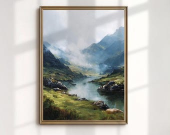 Lámina artística de las Tierras Altas de Escocia, pintura al óleo de Montaña Brumosa, decoración de pared de Valle Verde