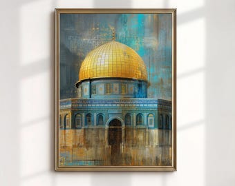 Jerusalén, Israel. Cúpula de la Roca. Arte islámico. Impresión en lienzo. Decoración de pared abstracta moderna.
