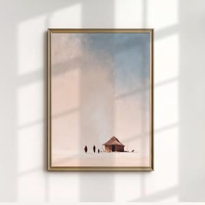 Può includere: Stampa artistica incorniciata raffigurante un paesaggio desertico con una piccola capanna e figure. L'opera d'arte utilizza una calda tavolozza di colori con luce soffusa. La capanna è marrone e il cielo passa dal blu al rosa.
