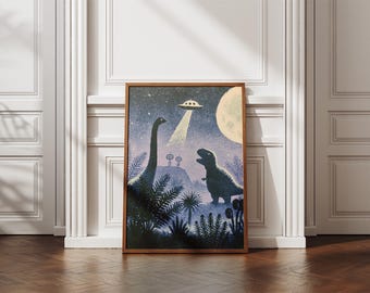 Dinosaur UFO Wall Art, Retro Dinosaur Printable Art, Prehistoric Nursery Decor, Cute Alien Digital Download