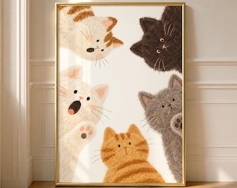 Cat Faces Print, Cute Cats Illustration, Playful Cat Art, Multi Cat Poster, Cat Lover Decor, Digital Download, Whimsical Pet Art