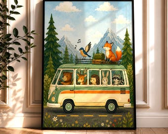 Camping Wall Art Print, Family Adventure Poster, Retro Camper Van Artwork, Woodland Nursery Decor, Kids Room Wall Art