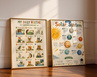 Solar System and Daily Routine Posters for Kids, Preschool Learning Wall Art, Classroom Decor Set of 2