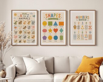 Juego de 3 pósteres educativos para guardería: números, formas, abecedario y animales. Láminas didácticas para preescolar y decoración para el aula en casa.