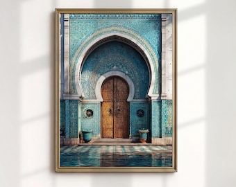 Andalusian Archway Art Print, Blue Mosaic Tile Painting, Alhambra Style Wall Decor