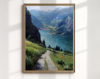 Norwegischer Fjord Kunstdruck, Blaues Wasser Berg Malerei, Skandinavische Landschaft, Wanddekoration